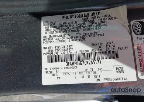 2012 Ford Fusion Sel из США, поврежденный, VIN 3FAHP0JG7CR265177